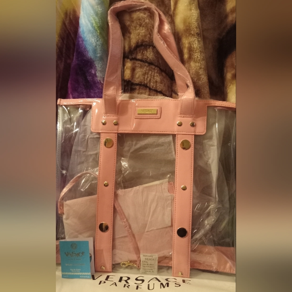 Versace Parfume Pink Transparent Tote Bag W/Pouch, Perfume & Dust Bag NEW